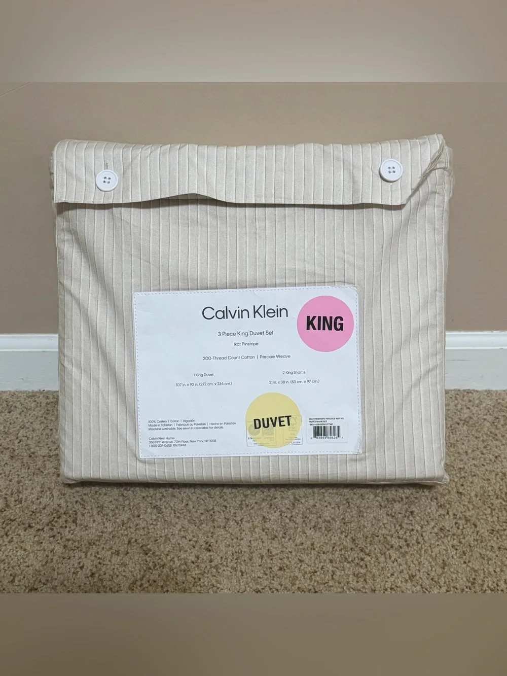 Calvin Klein King Duvet Set - Beige Pinstripe